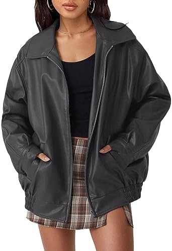 AUTOMET Women's Oversized Faux Leather Jacket - Fall Motorcycle Style Coat with Zipper Closure