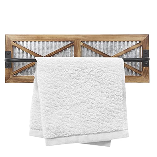2PCS Rustic Bathroom Towel Rack, Butizone Wall Mounted Towel Bar Holder with Weathered Wood and Corrugated Galvanized Metal, Farmhouse Rack for Hanging Towel (Towels are not Included)