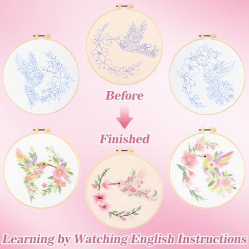 Image of Mindsoft 3 Set Needlepoint Kit for Beginners with Hoop,Flower Hummingbird