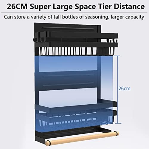 Redwestmelon Magnetic Fridge Spice Rack 3 Tier Kitchen Condiment Seasoning Storage Organizer Shelf, Refrigerator Side Rack with Paper Towel Holder and 4 Removable Mobile Hooks