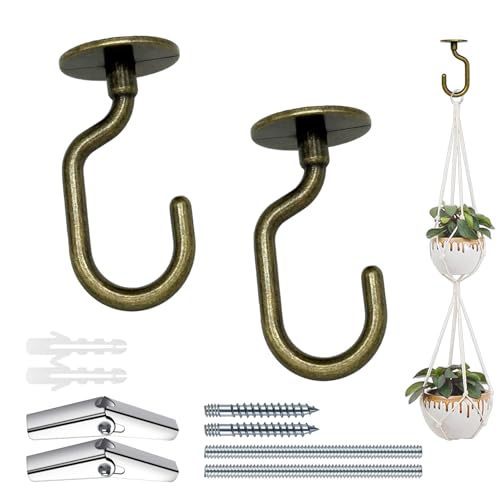 Image of 2 Sets Antique Brass Swag Ceiling Hooks - with Hardware for Hanging Plants, Drywall and Ceiling Installation, Heavy Duty Design