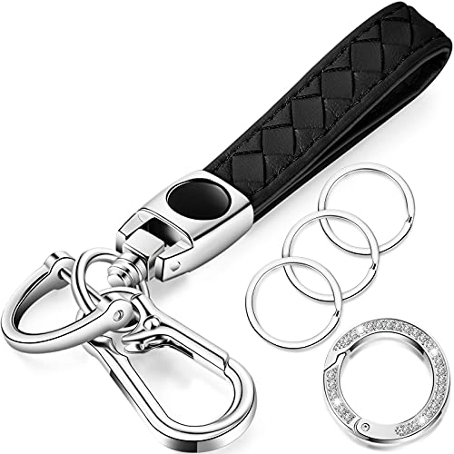 Leather Car Keychain Universal Key Fob Keychain Metal Key Chain Holder Rotatable Anti-lost Car Accessories with Glitter Rhinestone Keychain Ring, Screwdriver for Men and Women (Black)