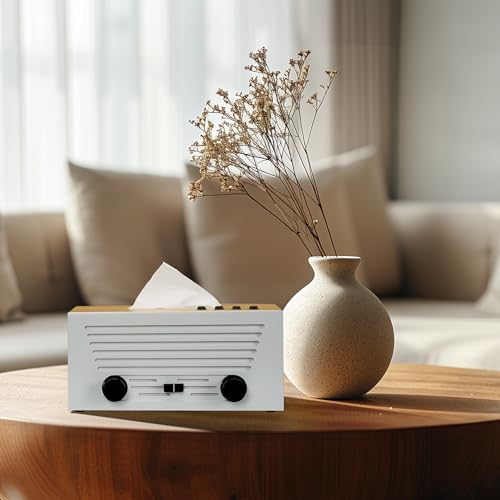 Relaxdays Kosmetiktücherbox, Taschentuchbox im Radio-Design, für Kosmetik- & Taschentücher, Tuchbox, Bambus, weiß/natur