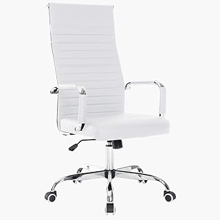 BAKAJI Sedia da Ufficio in Pelle Ergonomica con Schienale Alto e Supporto Lombare, Poltrona da Scrivania Girevole con Altezza Regolabile a Gas e Rotelle Girevoli a 360°, Base 64.5 cm Cromata (Bianco)