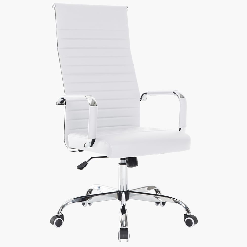 BAKAJI Silla de Oficina de Piel ergonómica con Respaldo Alto y Soporte Lumbar, sillón de Escritorio Giratorio con Altura Ajustable a Gas y Ruedas giratorias a 360°, Base de 64,5 cm cromada (Blanco)