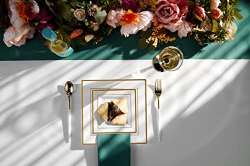 Bloomingoods Disposable Plastic White Square Plates, 100-Pack 6.5 & 10 In. Combo Premium Heavy Duty Gold Rim Square Plastic Plates, Ideal For Wedding, Party, Event Or Catering #TOP3