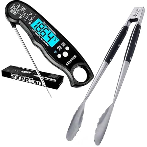 KULUNER Instant Read Meat Thermometer and Solid Wood Handle Grill Tongs for Cooking and Grilling, Perfectly Matched Combo Set Cover