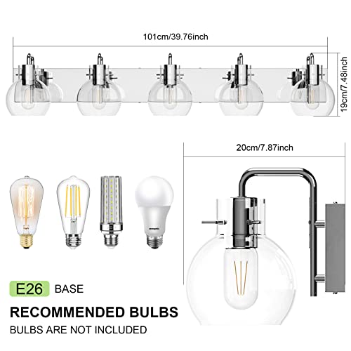 Image of Tipace 5 Lights Stainless Steel Modern Bathroom Vanity Light Fixtures Over Mirror Chrome Industrial Vanity Lights with Globe Clear Glass Farmhouse Bath Lighting(Exclude Bulb)