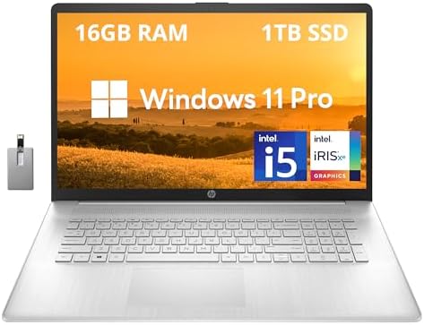HP 17.3″ IPS FHD Laptop, Intel Core i5-1235U Processor, 16GB RAM, 1TB PCIe SSD, Backlit Keyboard, Intel Iris Xe Graphics, Wi-Fi, Bluetooth, HDMI, Win 11 Pro, Silver, 32GB Hotface USB Card (Renewed)