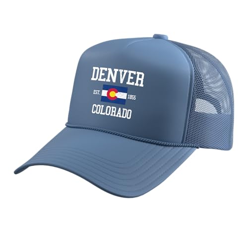 Denver Colorado Vintage Rocky Mountains Pride Souvenir Trucker Hat with Adjustable Mesh Back, Light Blue