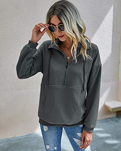 Image of PRETTYGARDEN Women's Casual Long Sleeve Zipper Sweatshirt Drawstring Loose Quarter Zip Pullover Tops with Pockets