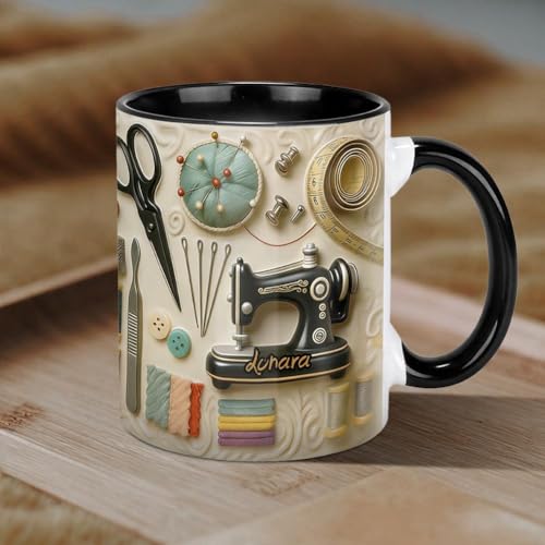 Personalized Ceramic Sewing Coffee Mug with Custom Name Beautiful Sewing Machine Tea Cups Novelty Coffee Cup Sewer Cup Gifts for Friend Family Quilting Enthusiasts 11oz