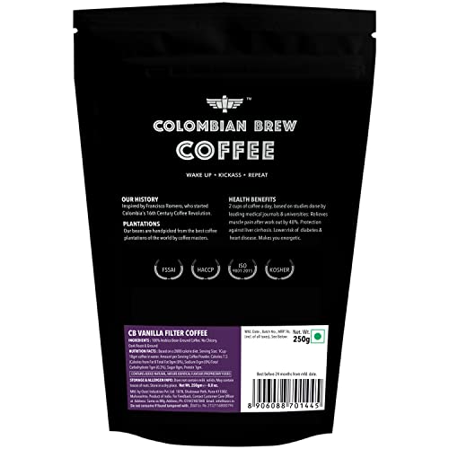 Image of Colombian Brew Vanilla Filter Coffee Powder, Arabica Roast & Ground, 250g (Make Espresso, French Press, Cold Brew, Hot Brew) (Pack of 2)