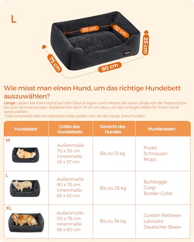 Feandrea Hundebett, Hundekissen in Leinenoptik, Hundekorb, erhöhte Ränder, rutschfeste Unterseite, Bezug abnehmbar waschbar, L, für mittelgroße Hunde, 90 x 75 x 25 cm, dunkelgrau PGW011G01