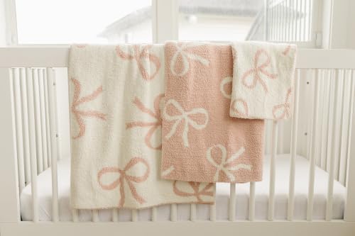 Image of Mebie Baby Pink Bow Plush Lovey Blanket 15x20 - Soft, Lightweight, Breathable | Available in Two Sizes