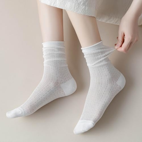 Image of zrylibya Women Cute Roll Top Turn Cuff Slouch Socks Hollow Out Crochet Solid Casual Crew Socks 4 Pairs
