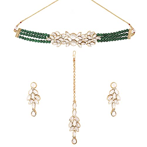 Image of Yellow Chimes Jewellery Set for Women and Girls Kundan Necklace Set for Girls | Gold Plated Beads Beaded Kundan Choker Necklace Set | Birthday Gift for girls and women Anniversary Gift for Wife