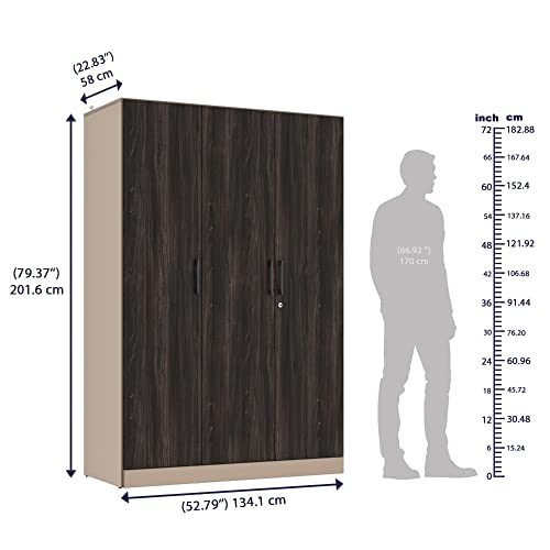 Image of Wakefit Wardrobe | 1 Year Warranty | Engineered Wood Almirah, Cupboard for Clothes Storage | 3 Door, 4 Shelves, 2 Drawers, 2 Hanging Space | Cashmere Plus - Frappe-Wyoming Maple