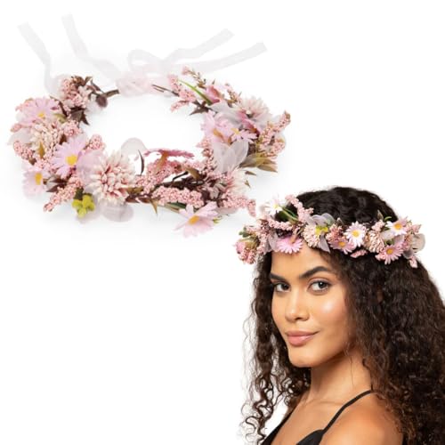 Image of Radhu & Kabby Soft Pink Floral Hair Tiara for Women | Delicate Artificial Flowers with Organza Ribbon | Dreamy Crown for Weddings, Baby Showers, Photoshoots & All Occasions | 1 Pc
