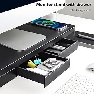 Meatanty 3 In 1 Monitor Stand Riser with 2 Storage Drawers,1 Wireless Charging Module and 4 USB Ports,Metal Computer Monitor Stand Supports Transfer Data and Charging,Desk Organizer for PC,Laptop,iMac