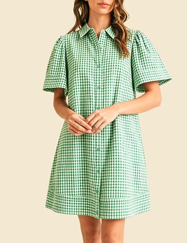 Image of Womens Short Sleeve Button Down Mini Shirt Dress Lapel Collar Short Dresses with Pocket