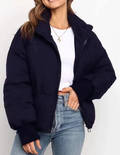 Gihuo Damen Winter Cropped Puffer Jacke Mantel Kurz Warm Steppjacke, Marineblau, S