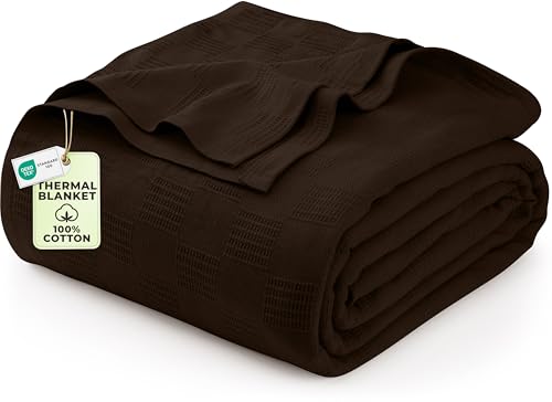 Brown 100% Cotton Blanket [Twin Size - 90x72 Inch] 350GSM Lightweight, Soft and Breathable Thermal Blanket for All Seasons