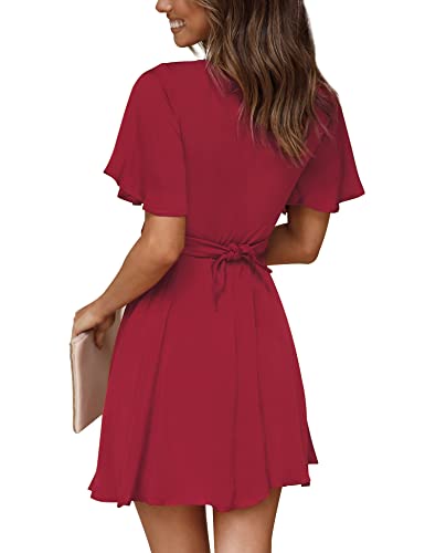 Sprime Women's Summer Casual Dress V Neck Short Flared Sleeve Flowy Solid Dresses Tie Knot Front Cut Out Swing Mini Dress #TOP5