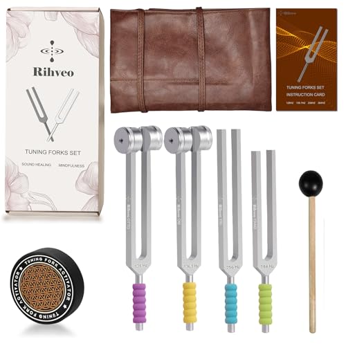 Tuning Forks for Healing Set (128Hz, 136.1Hz, 256Hz, 384Hz) with Activator & Reflex Hammer, Sound Therapy Instruments for Chakra/Yoga/Meditation, Frequency Healing Devices in Vegan Leather Pouch