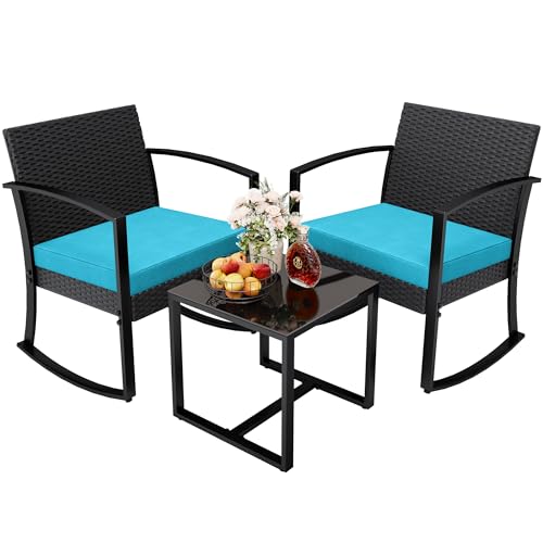 Image of Greesum 3 Piece Patio Furniture Set, All-Weather Imitation Rattan Conversation Set, Outdoor Rocking Chair Bistro Set with Glass Top Coffee Table for Pool, Deck, Porch, Garden or Balcony, Blue