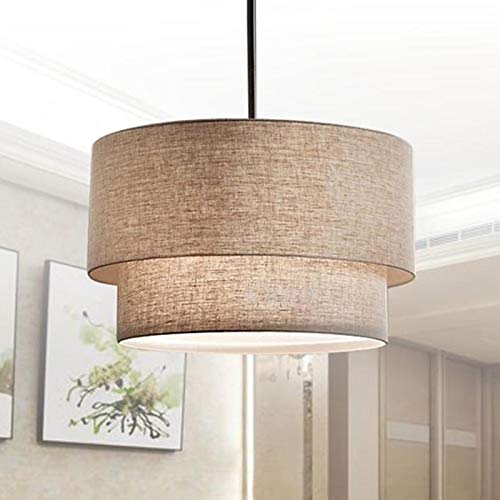 Craftthink Led Pendant Light, Contemporary Drum Chandelier 3 Lights Rustic Style Fabric Lampshade Suspension Light Hanging Light Fixture For Kitchen Living Room Bedroom Restaurant-23.5" (Beige) #TOP2