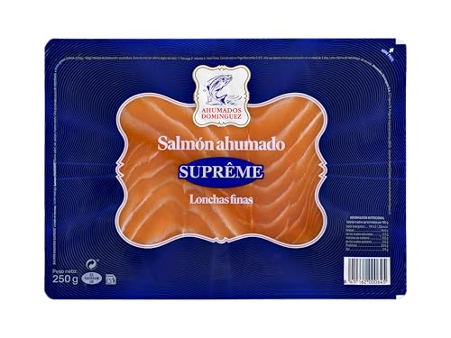 Ahumados Domínguez - Salmón Ahumado Natural Cortado en Lonchas Muy Finas - 250 g - Elaboración Artesana - Sin Piel, Sin Espinas - Refrigerado