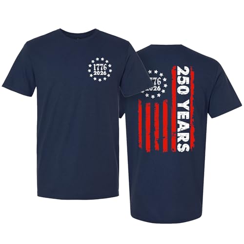 America 250 Years T-Shirt Front & Back Design - 1776-2026 US Flag Semiquincentennial Graphic Tee - Patriotic Top, Navy, Large