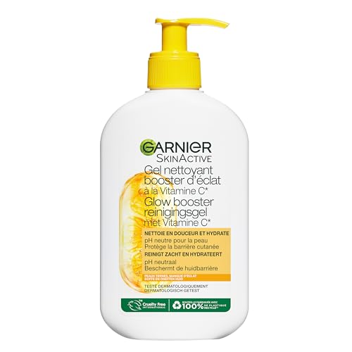 GARNIER Skin Active - Gel limpiador de refuerzo de brillo – pH neutro. El maquillaje suave elimina, hidrata e ilumina – enriquecido con vitamina C y glicerina – vegano y libre de crueldad – todo