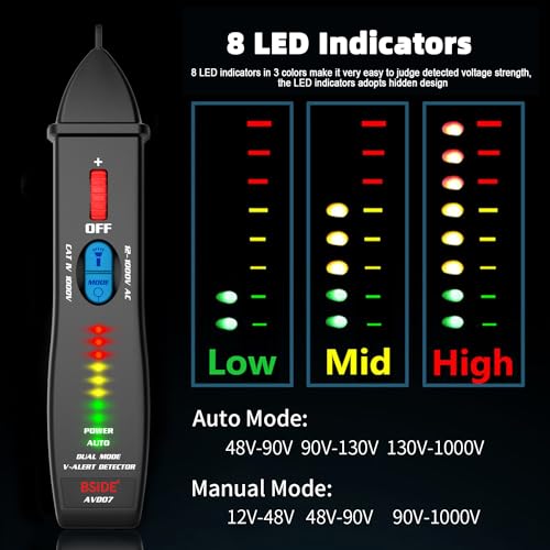 BSIDE Upgraded Voltage Tester Pen, Auto/Manual Mode, Continuously Adjustable Sensitivity, 8 LED Indicators, Dual Range Non-Contact AC Electricity Detector Live Wire Check Breakpoint Locator