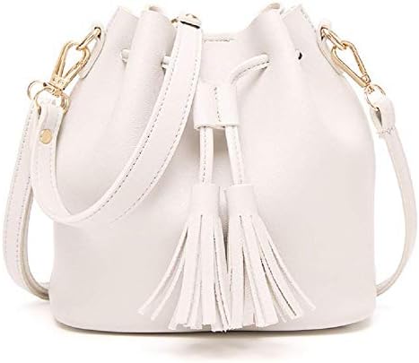 Dolce Na Womens Mini Bucket Bag Leather Drawstring Purse Tassel Crossbody Shoulder Bag (White #)