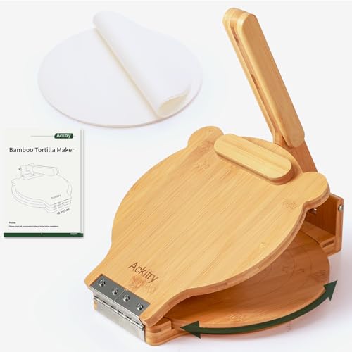 Ackitry Rotatable Tortilla Press 10 Inch, Bamboo Tortilla Press Maker with 100 Pieces Parchment Paper, Mexican Tortillera Presser for Homemade Tortillera, Pataconera, and Dough Press (4.5”- 10")