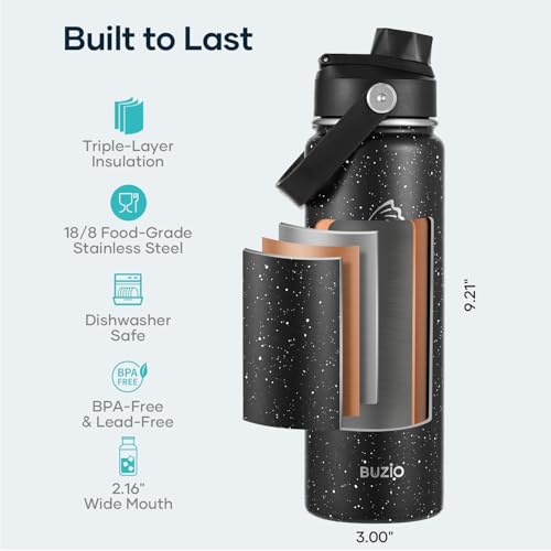 Image of BUZIO 24 oz Insulated Stainless Steel Water Bottle with Straw & Spout Lids