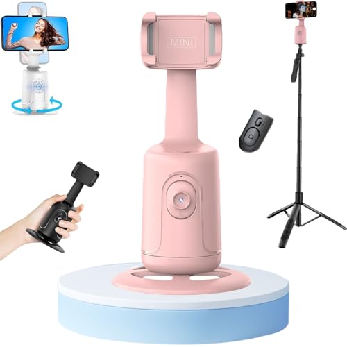Image of Smart Ai Facial Recognition Phone Tripod, 360 Panoramic Auto Face-Tracking with Gesture Control, Adjustable 2-in-1 Tripod & Selfie Stick for Content Creator (Pink, with Remote & Tripod)