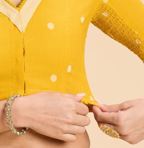 Image of Studio Shringaar Women's Mustard Yellow Handloom Cotton Stretchable (Smocked) Readymade Saree Blouse