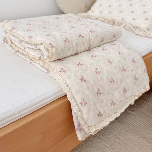 Image of BuLuTu Double-Layer Cotton Muslin Toddler Quilted Blanket, Romantic Floral Design Baby Girls Crib Comforter with Lace Edges, Soft Lightweight Kids Quilt, 47 inchx59 inch, Begonia Print