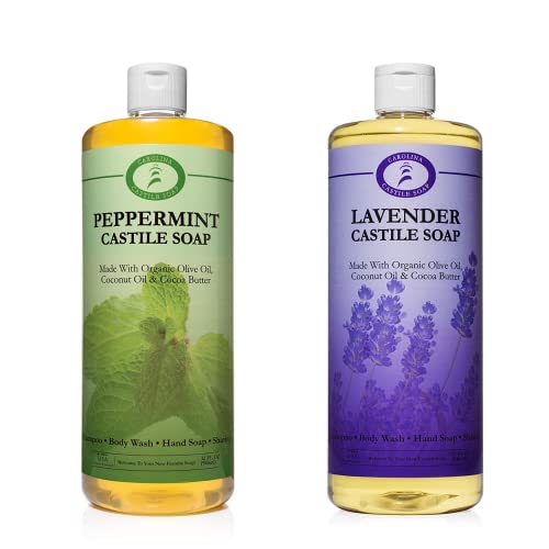 Peppermint and Lavender Castile Soap Liquid Bundle - 32 oz - Carolina Castile Soap - Vegan & Pure Organic Concentrated Non Drying All Natural Formula Body Wash & Shampoo