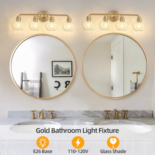 Image of Bathroom Light Fixtures Gold Vanity Light 4 Light Brushed Brass | Wall Sconces Lighting with Clear Globe Glass Shades Bath Wall Lamp for Mirror Kitchen Living Room Bedroom Hallway 27 Inch