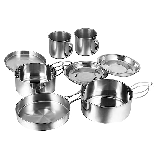 HOLIDYOYO 8Pcs Stainless Camping Cookware Set Durable Outdoor Cooking Equipment for Bbqs Beach Parties and Mountain Trekking for People Easy to Clean and Resistant