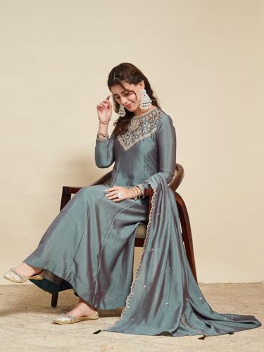 Image of MOKOSH Women's Embroidered Silk Anarkali Kurta Pant with Dupatta | Anarkali Kurta Set | Embroidered |Occasion & Festive Traditional | 3 Piece Outfit