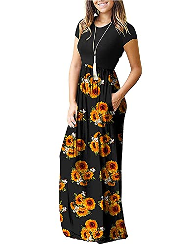 Auselily Women Short Sleeve Loose Print Floral Pleated Casual Long Maxi Dresses With Pockets (Xl, Sunflowers) #TOP2