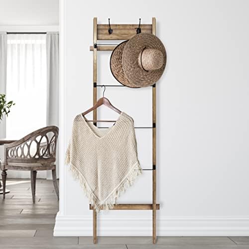 Blanket Ladder Farmhouse 4-Tier, Wall Leaning Blanket Ladders for The Living Room 77 x 19 Inch, Decorative Ladder with 2 Hooks, Premium Wooden Frame, Rustic Brown Wood Grain