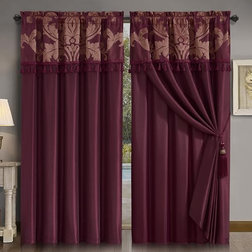 Chezmoi Collection Royale - Juego de 4 cortinas para ventana, diseño floral, jacquard, cenefa con borlas, color granate y dorado