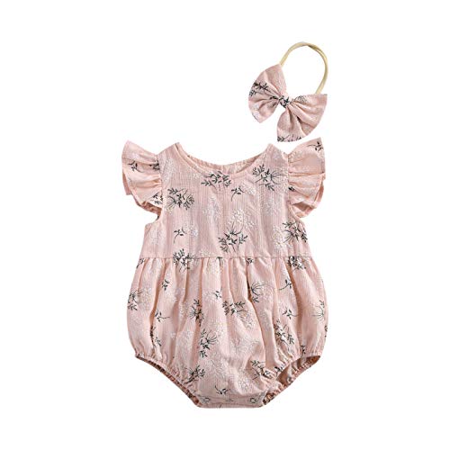 Newborn Baby Girl Romper Floral Ruffle Sleeveless Jumpsuit Cotton Bodysuit with Headband Summer Clothes Outfit