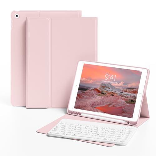 KVTVOU Case With Keyboard for iPad 9th / 8th / 7th Generation 2021/2020/2019 10.2 Inch Soft TPU Case with Pencil Holder Magnetic Detachable Bluetooth English Keyboard for iPad 9/8/7 Pink